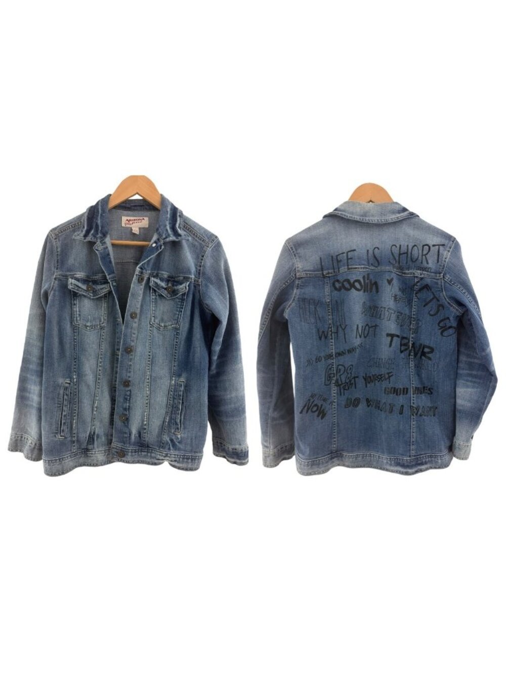 Arizona Jean Co Painted Graffiti Jean Denim Jacket Size M Life is Short Whatever